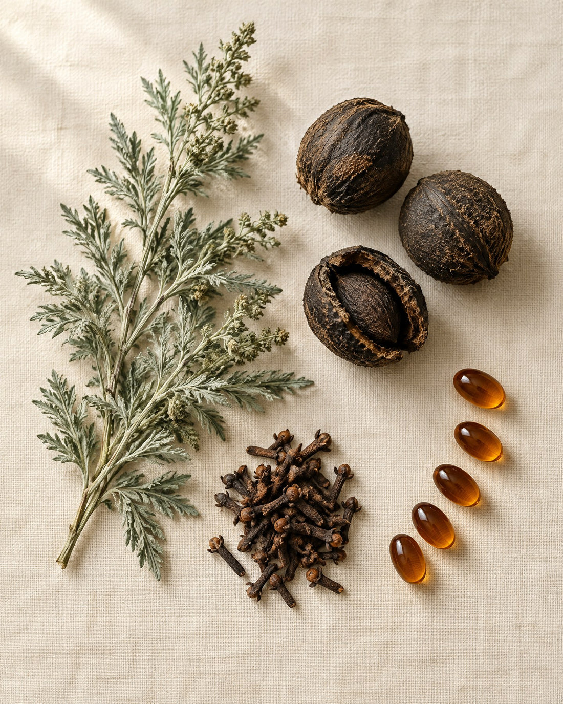 Dried wormwood, black walnut hulls, whole cloves and PURAVA softgels