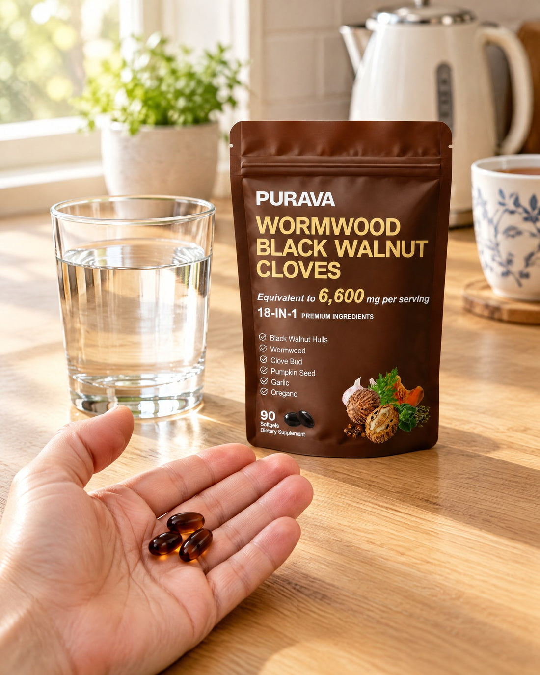 Three PURAVA softgels in a hand, with a glass of water and the pouch