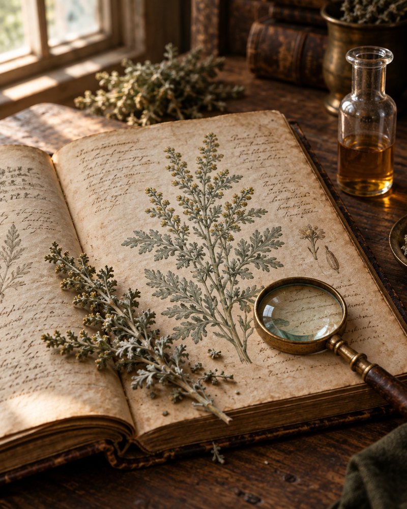 An old herbal book open on wormwood